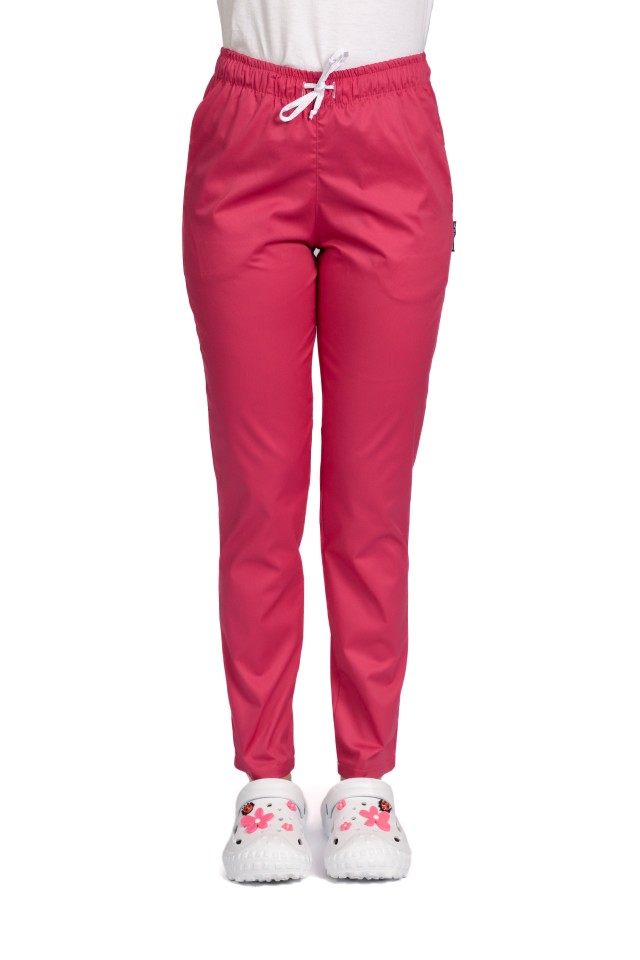 Pantaloni de lucru ciclam cu elastan snur in talie si doua buzunare laterale