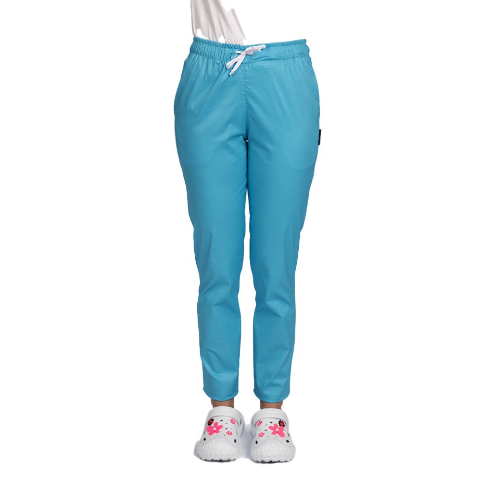 Pantaloni de lucru cu elastan dama turcoaz cu snur si elastic, doua buzunare laterale