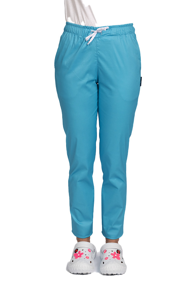 Pantaloni de lucru cu elastan dama turcoaz cu snur si elastic, doua buzunare laterale