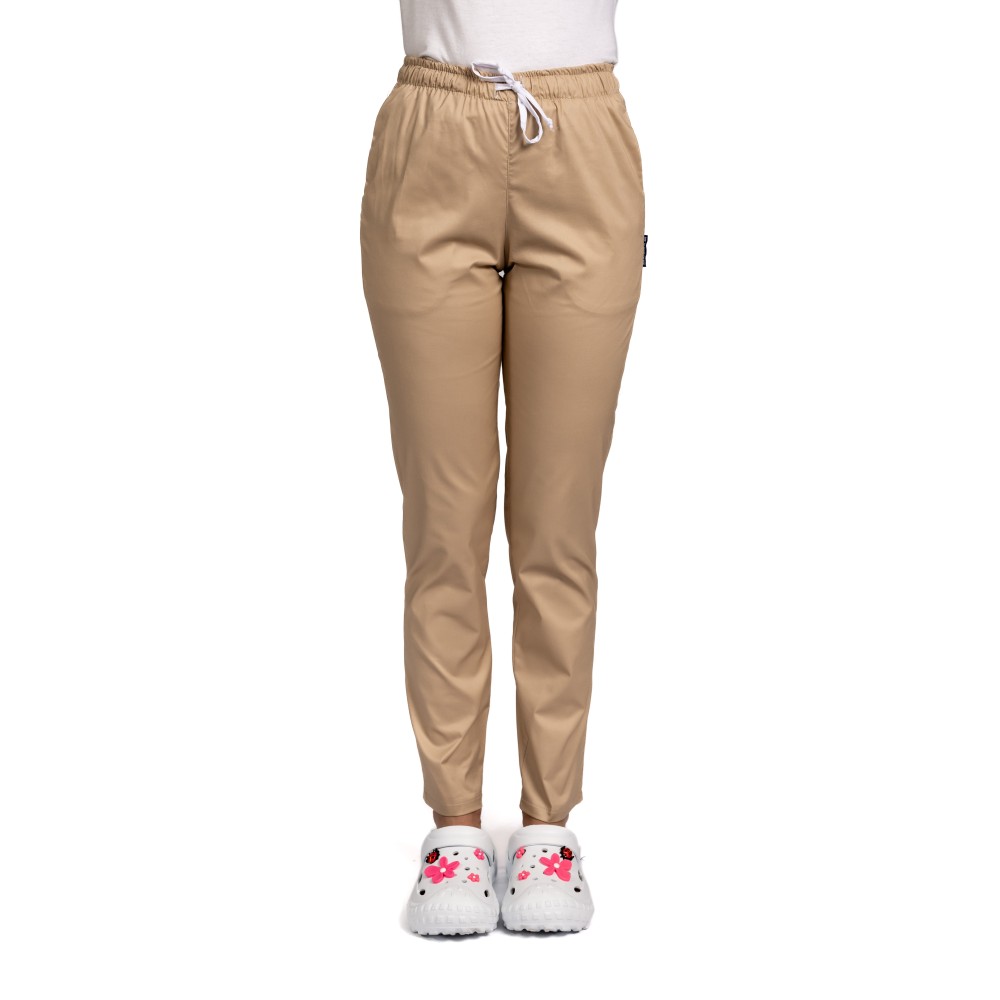 Pantaloni de lucru crem cu elastan snur in talie si doua buzunare laterale