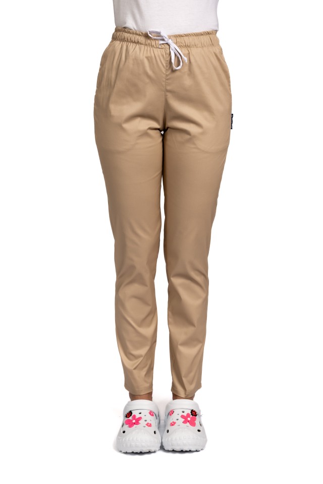 Pantaloni de lucru crem cu elastan snur in talie si doua buzunare laterale..