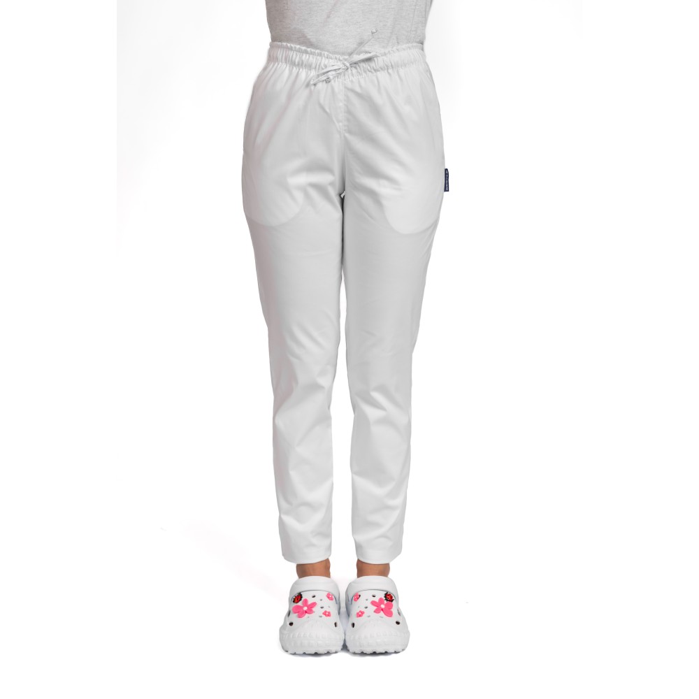 Pantaloni de lucru cu elastan dama albi cu snur si elastic, doua buzunare laterale