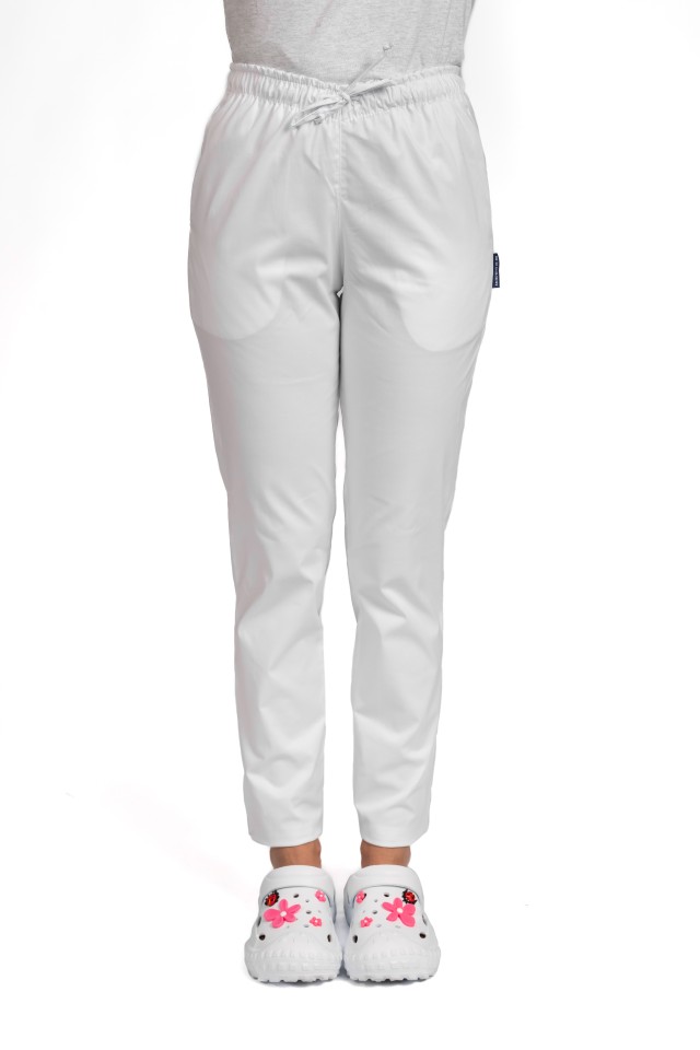 Pantaloni de lucru cu elastan dama albi cu snur si elastic, doua buzunare laterale