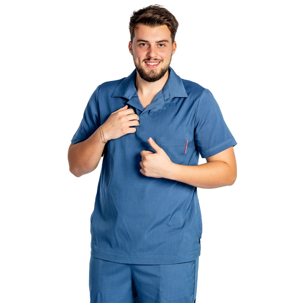 Tricou cu elastan polo barbati albastru, model in V