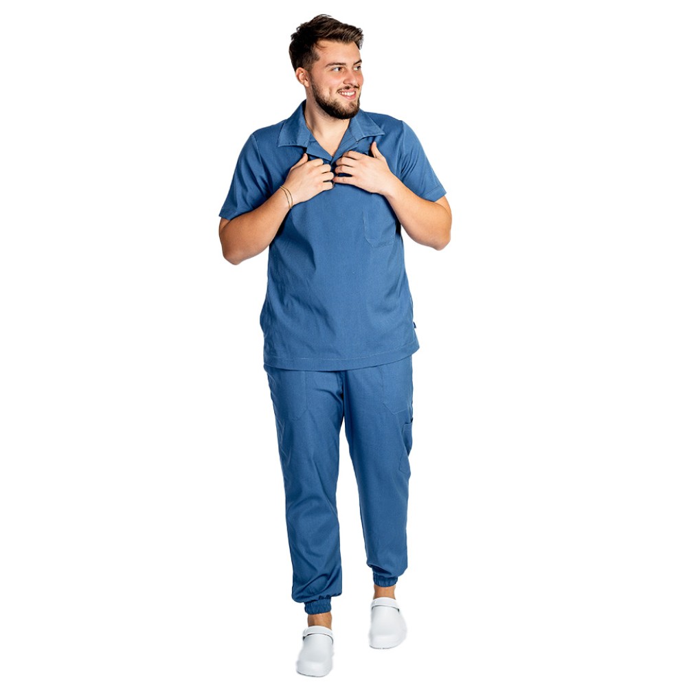 Costum de lucru cu elastan polo barbati jeans, cu bluza in V si pantaloni tip jogger, cu snur si elastic