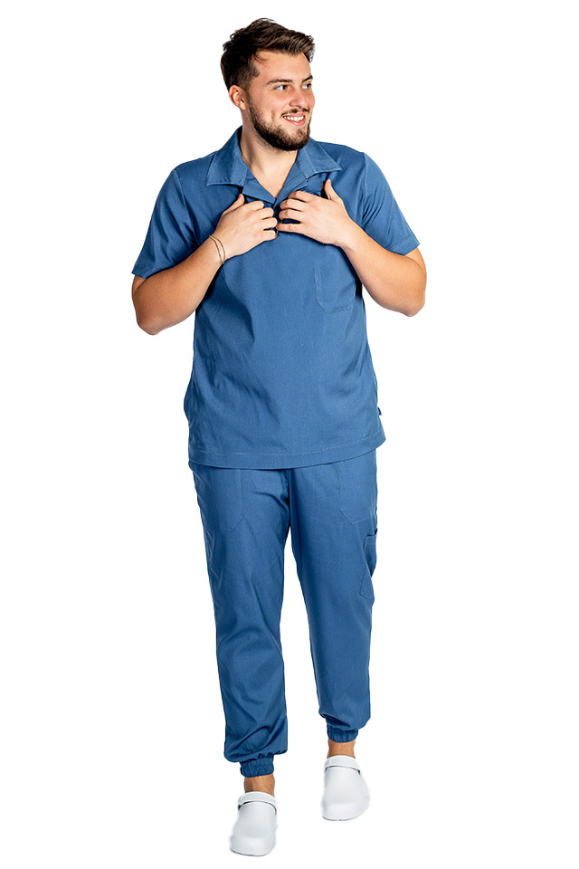 Costum de lucru cu elastan polo barbati jeans, cu bluza in V si pantaloni tip jogger, cu snur si elastic