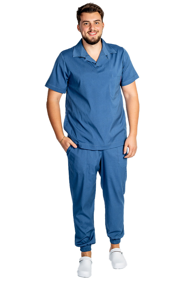 Costum de lucru cu elastan polo barbati jeans, cu bluza in V si pantaloni tip jogger, cu snur si elastic