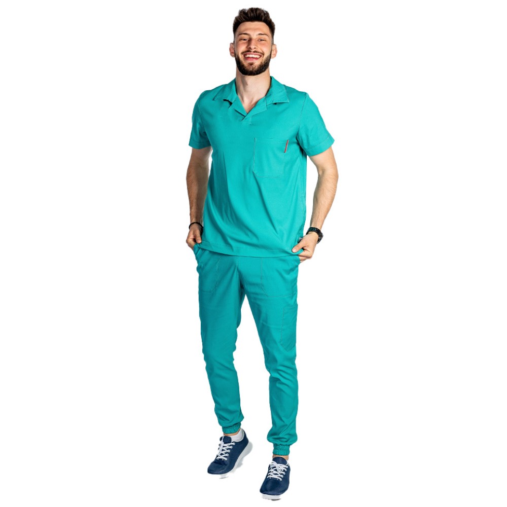 Costum de lucru cu elastan polo barbati verde turcoaz, cu bluza in V si pantaloni tip jogger, cu snur si elastic