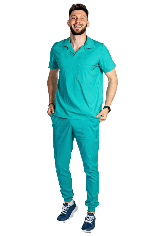Costum de lucru cu elastan polo barbati verde turcoaz, cu bluza in V si pantaloni tip jogger, cu snur si elastic
