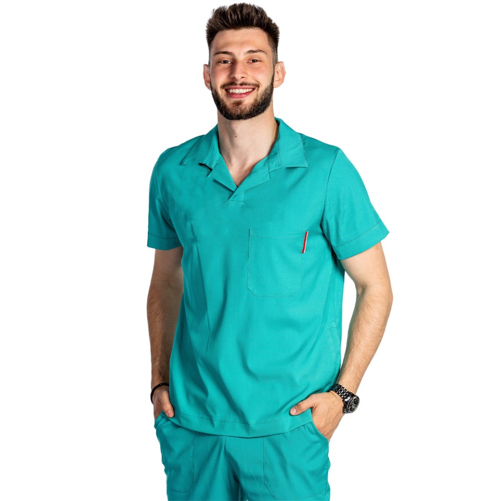 Tricou cu elastan polo barbati verde turcoaz, model in V