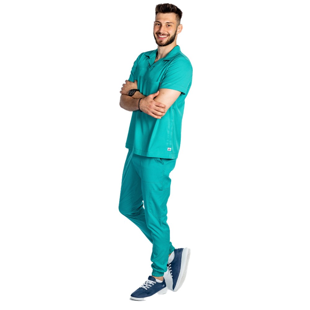 Costum de lucru cu elastan polo barbati verde turcoaz, cu bluza in V si pantaloni tip jogger, cu snur si elastic