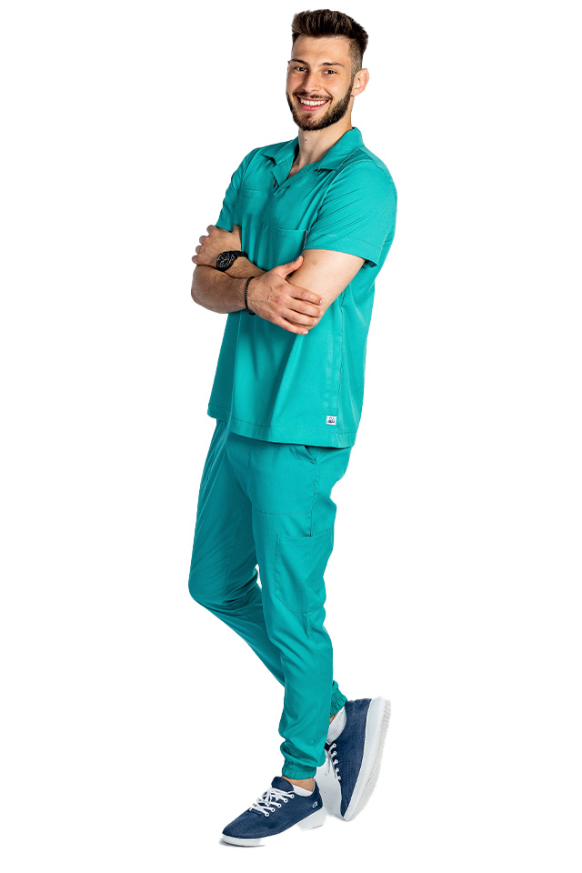 Costum de lucru cu elastan polo barbati verde turcoaz, cu bluza in V si pantaloni tip jogger, cu snur si elastic