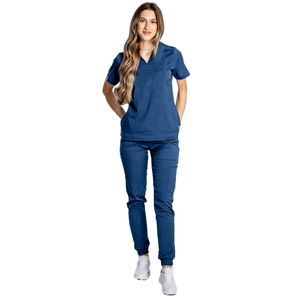 Costum de lucru cu elastan dama model polo jeans, cu bluza in V si pantaloni tip jogger, cu snur si elastic