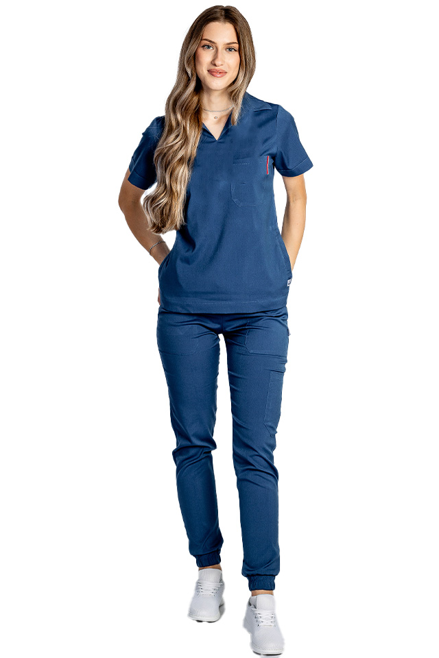 Costum de lucru cu elastan dama model polo jeans, cu bluza in V si pantaloni tip jogger, cu snur si elastic