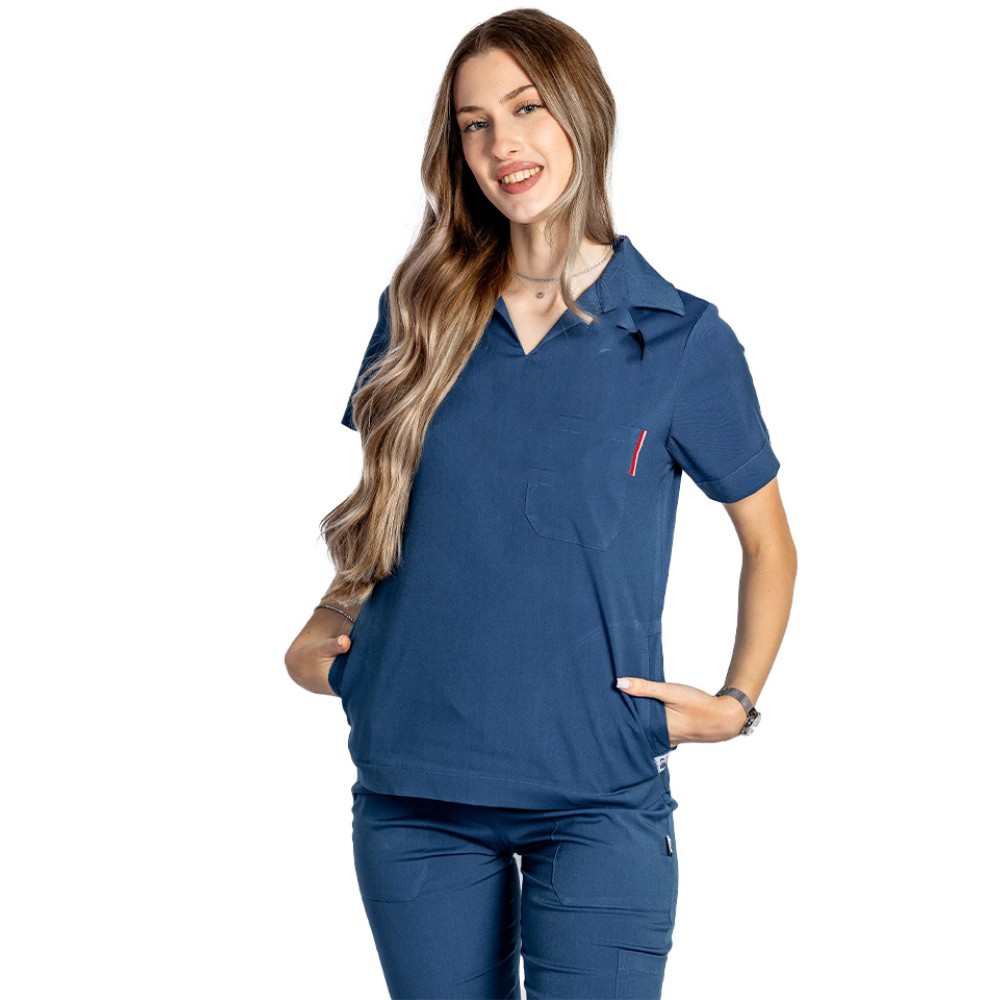 Tricou cu elastan polo dama albastru, model in V