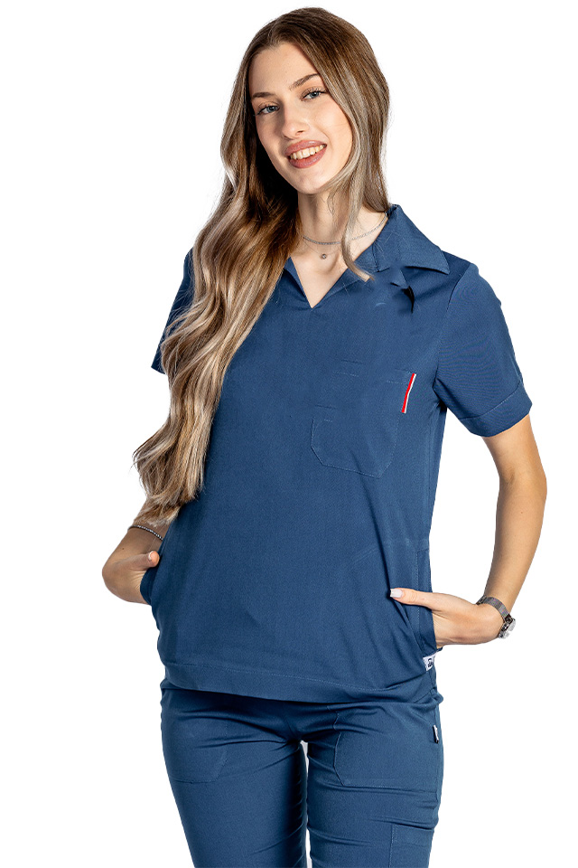Tricou cu elastan polo dama albastru, model in V