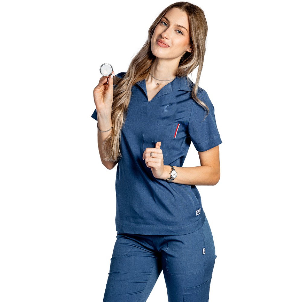 Tricou cu elastan polo dama albastru, model in V