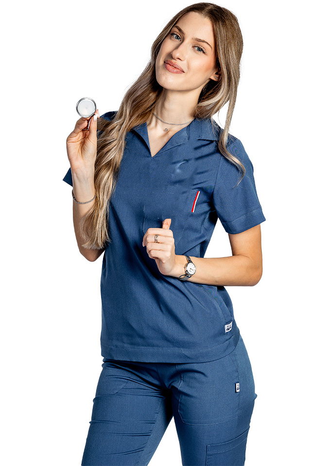 Tricou cu elastan polo dama albastru, model in V