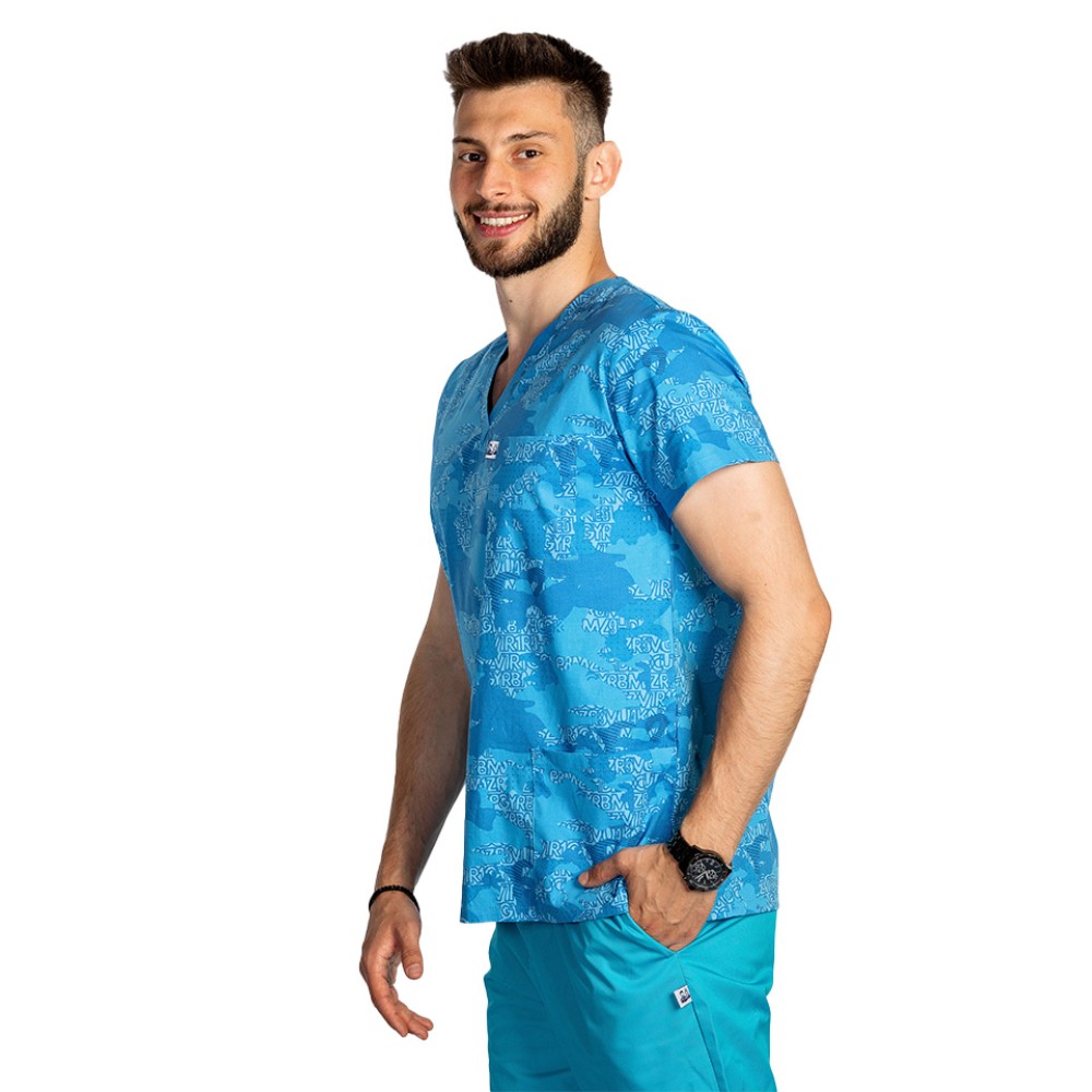 Halat de lucru pentru gradinite imprimat Blue Army, model barbati, cu trei buzunare aplicate