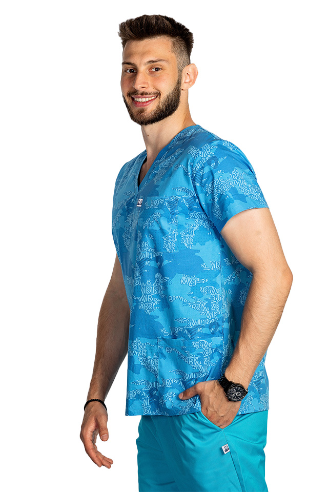 Halat de lucru pentru gradinite imprimat Blue Army, model barbati, cu trei buzunare aplicate