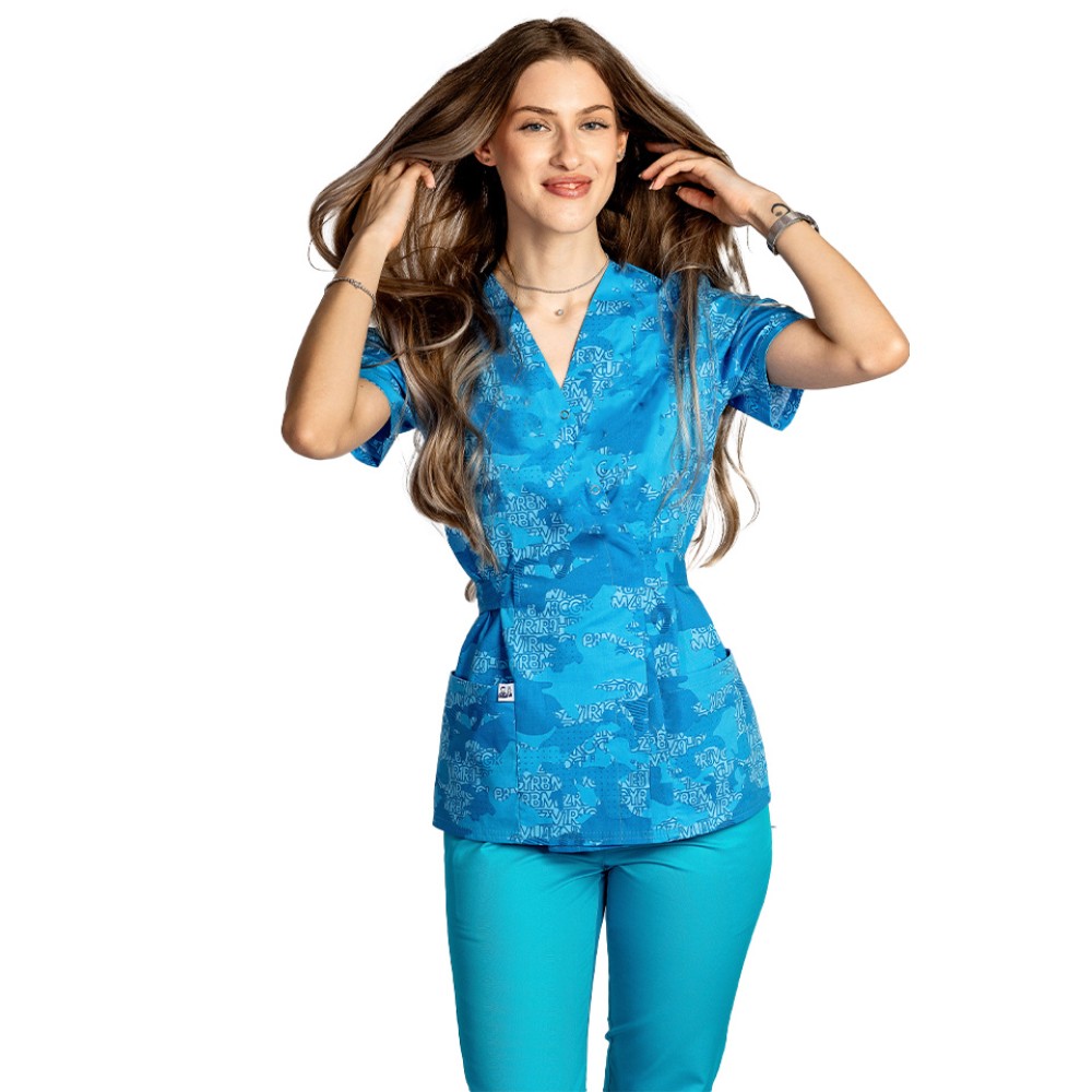 Halat de lucru pentru gradinite kimono Blue Army, cu doua buzunare aplicate