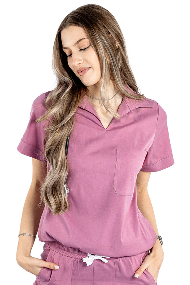 Tricou cu elastan polo dama roz pudrat, model in V