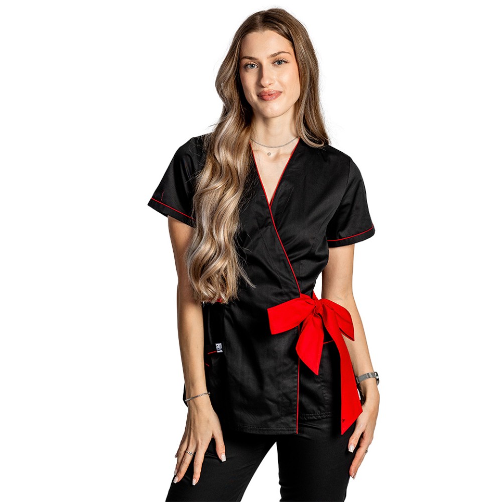 Halat de lucru pentru SPA model kimono negru cu paspol rosu si cordon cu legare tip fundita