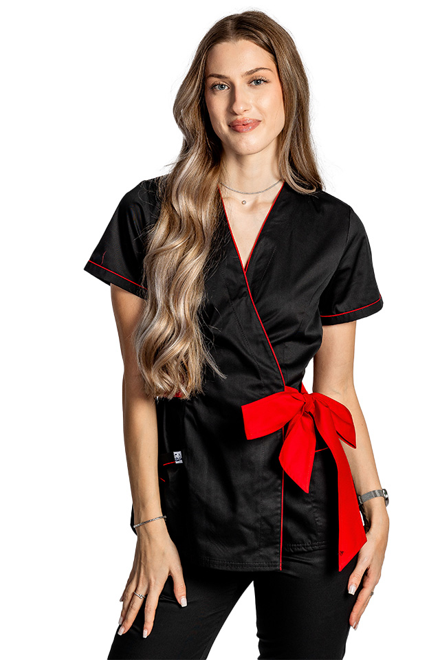 Halat de lucru pentru SPA model kimono negru cu paspol rosu si cordon cu legare tip fundita