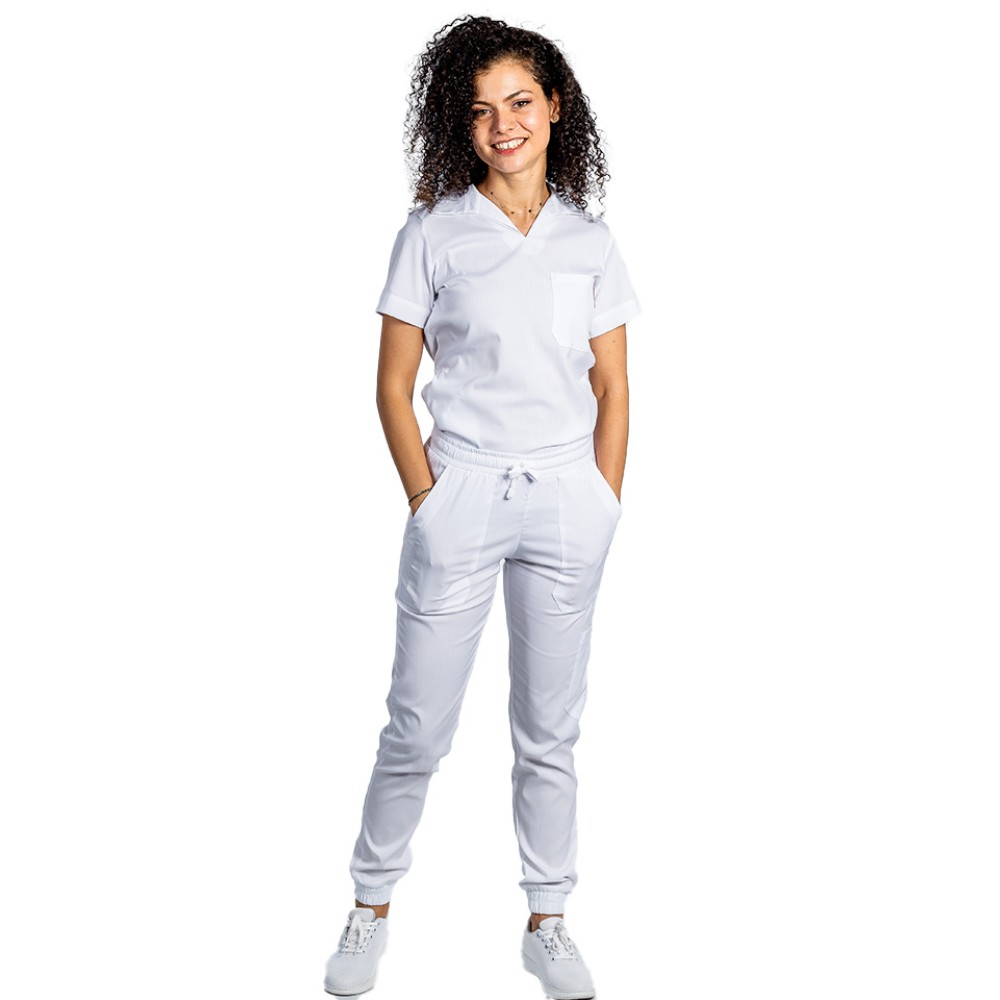 Costum de lucru cu elastan dama model polo alb, cu bluza in V si pantaloni tip jogger, cu snur si elastic