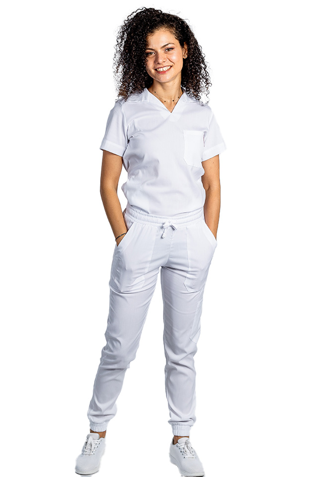 Costum de lucru cu elastan dama model polo alb, cu bluza in V si pantaloni tip jogger, cu snur si elastic