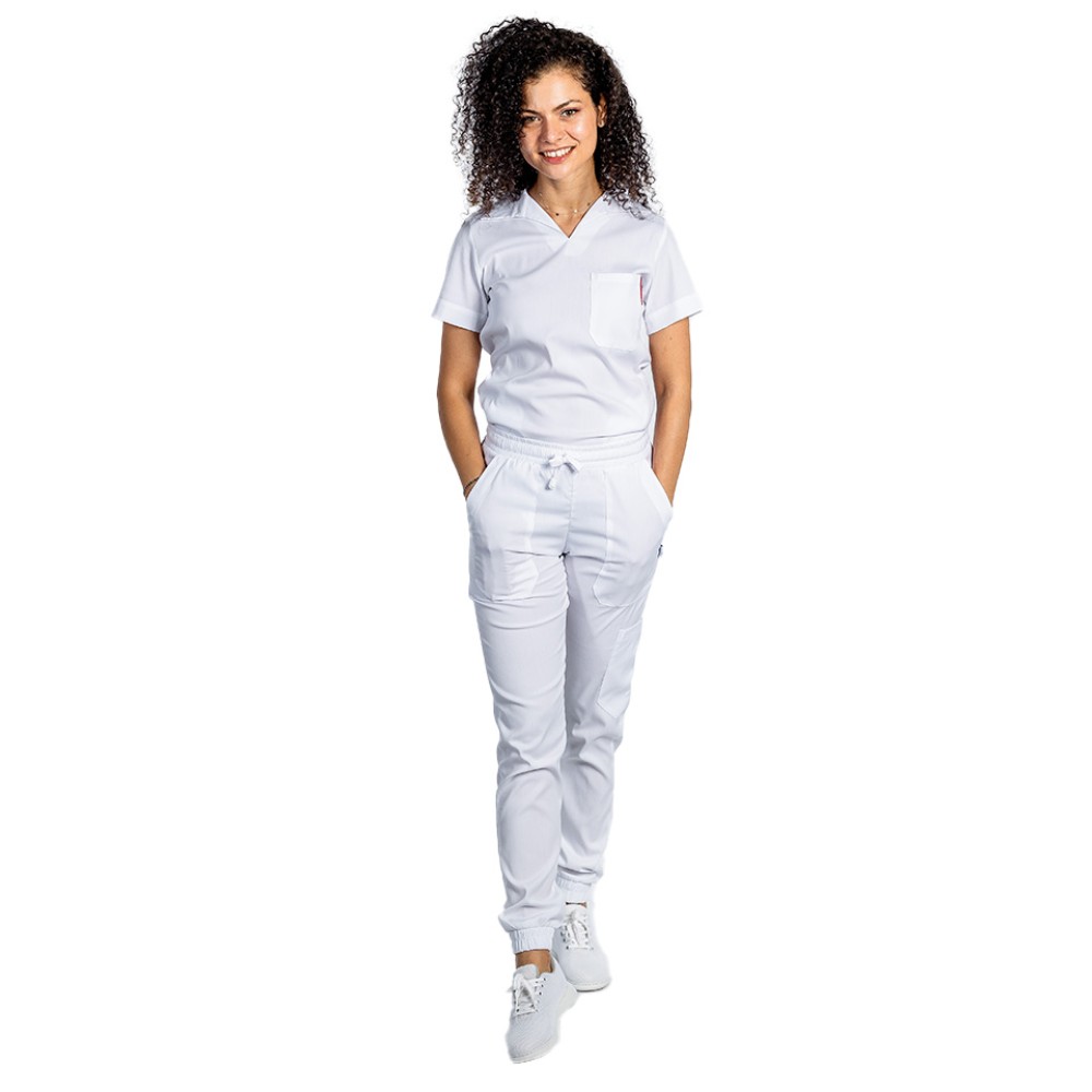 Costum de lucru cu elastan dama model polo alb, cu bluza in V si pantaloni tip jogger, cu snur si elastic