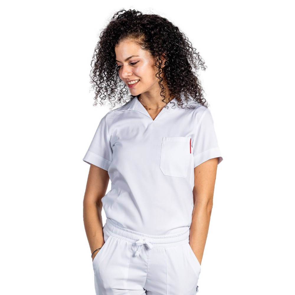 Tricou cu elastan polo dama alb, model in V