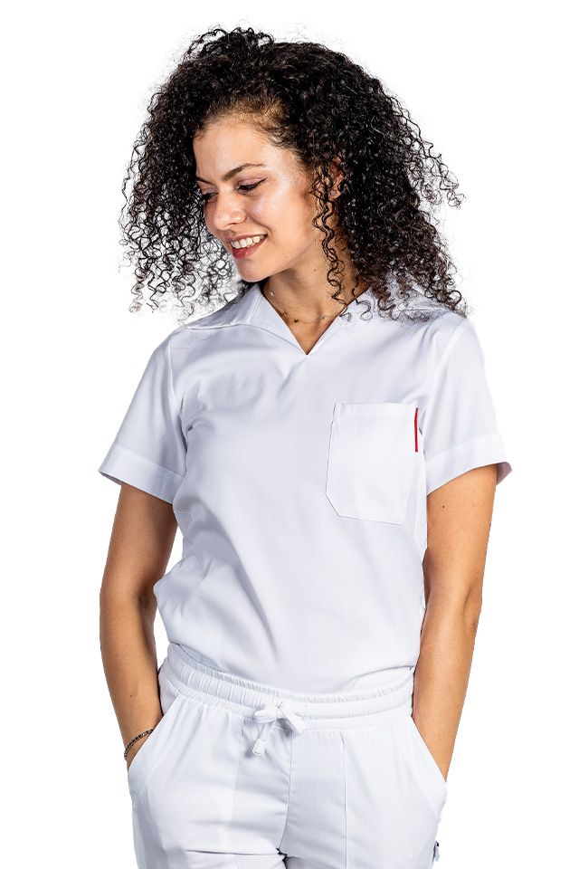 Tricou cu elastan polo dama alb, model in V