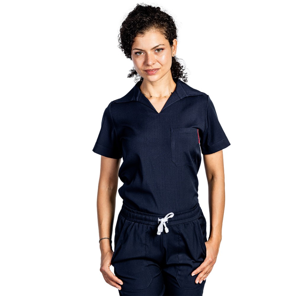 Tricou cu elastan polo dama bleumarin, model in V