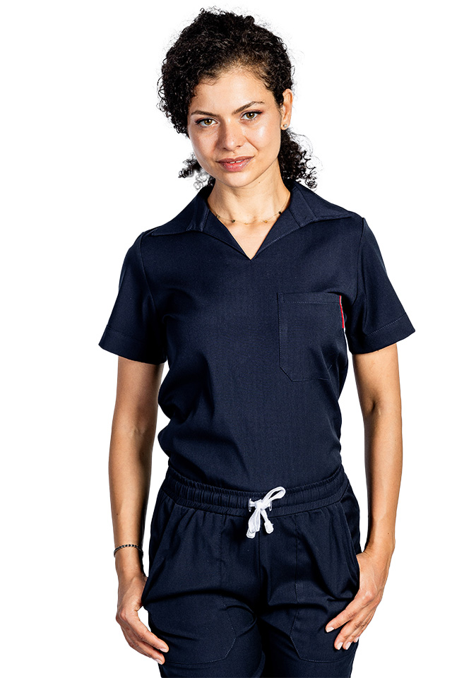 Tricou cu elastan polo dama bleumarin, model in V