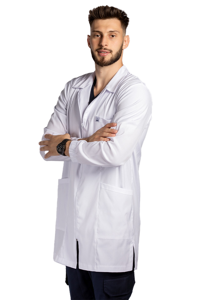 Halat de lucru alb pentru laborator,model barbatesc, cu guler, trei buzunare si maneca lunga