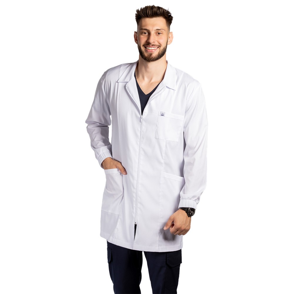 Halat de lucru alb pentru laborator,model barbatesc, cu guler, trei buzunare si maneca lunga