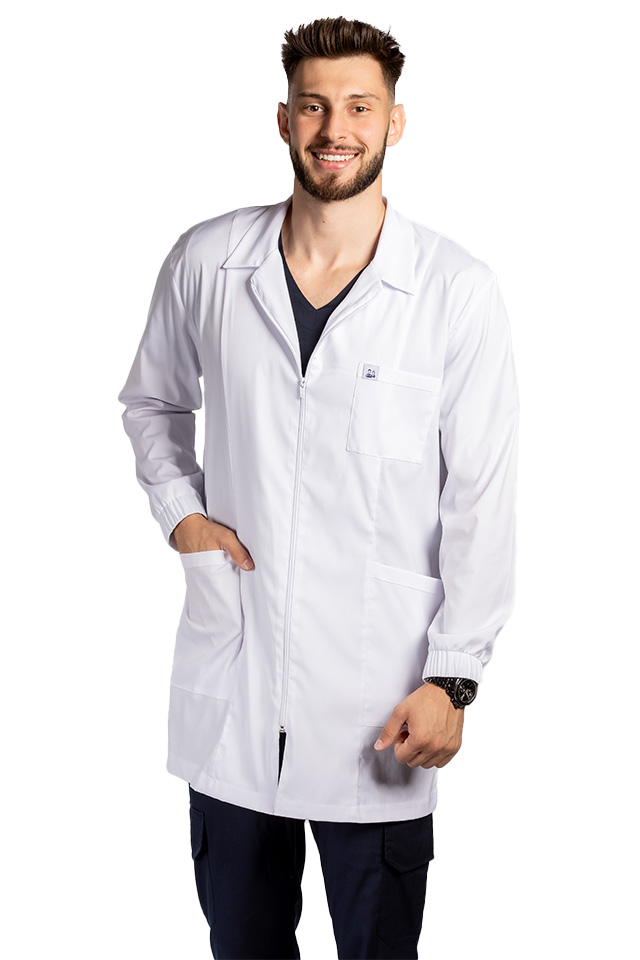 Halat de lucru alb pentru laborator,model barbatesc, cu guler, trei buzunare si maneca lunga
