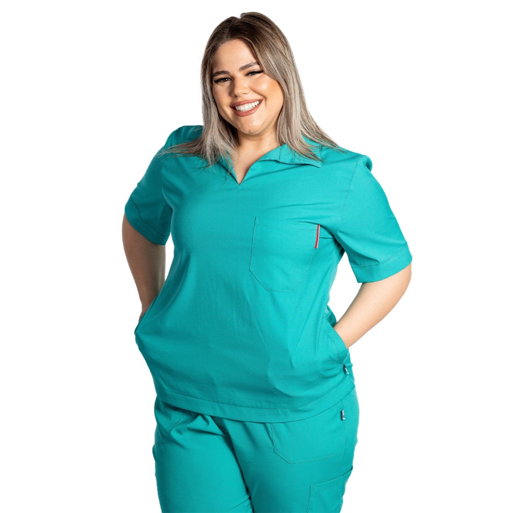 Tricou cu elastan polo dama verde turcoaz, model in V