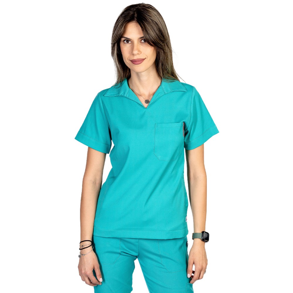 Tricou cu elastan polo dama verde turcoaz, model in V