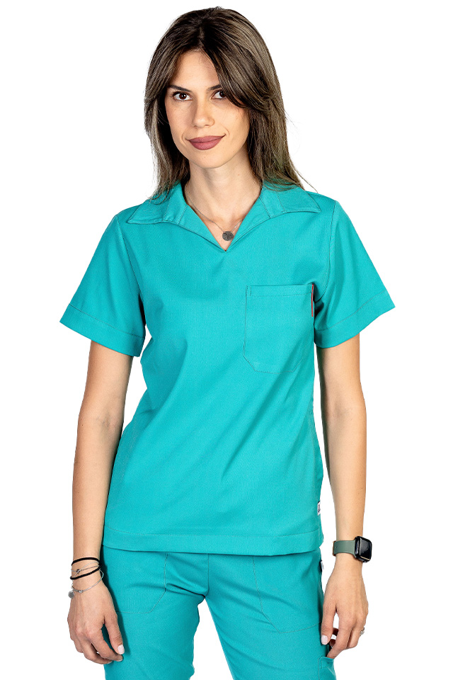 Tricou cu elastan polo dama verde turcoaz, model in V