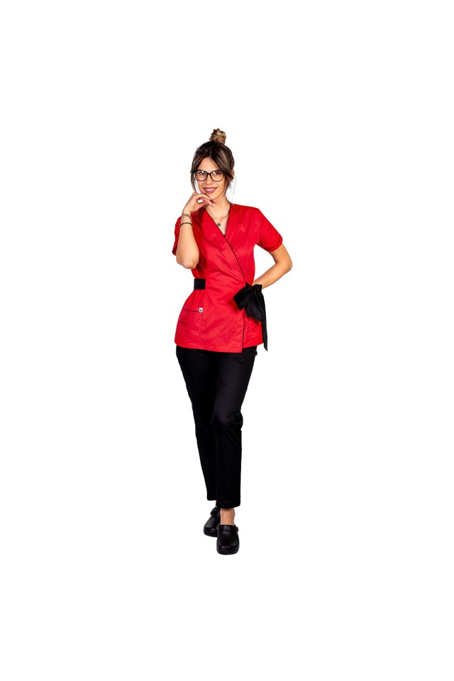 Costum de lucru pentru SPA model kimono rosu cu paspol negru si cordon cu legare tip fundita