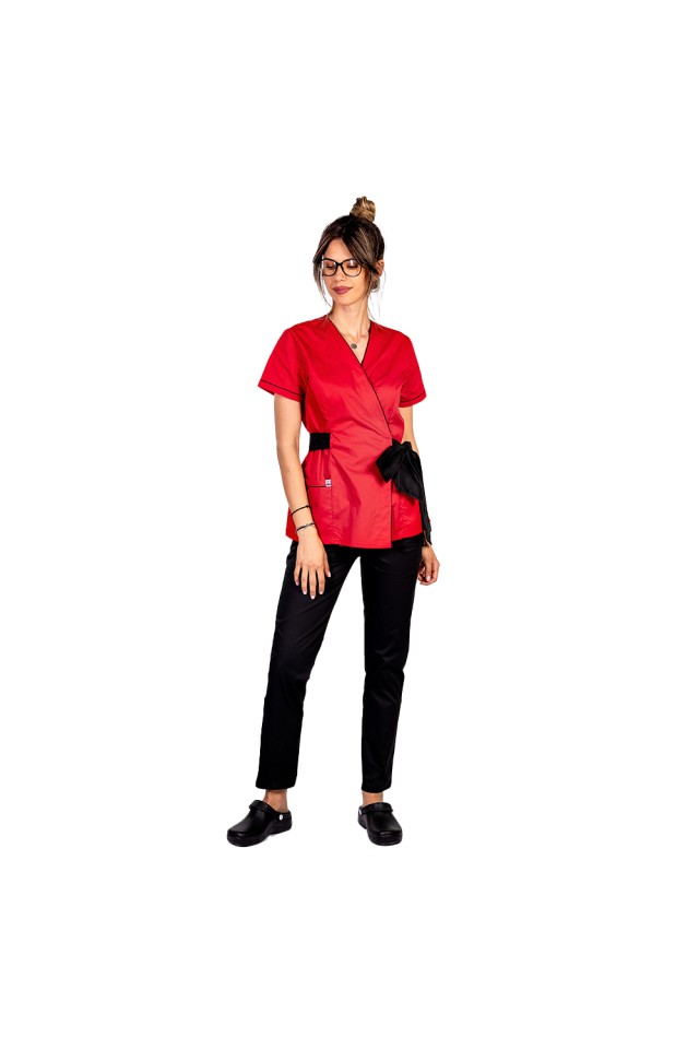 Costum de lucru pentru SPA model kimono rosu cu paspol negru si cordon cu legare tip fundita