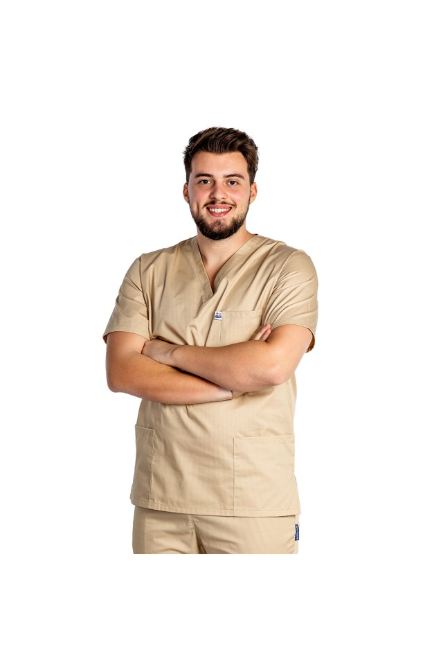 Halat de lucru crem barbati cu anchior in V si trei buzunare aplicate