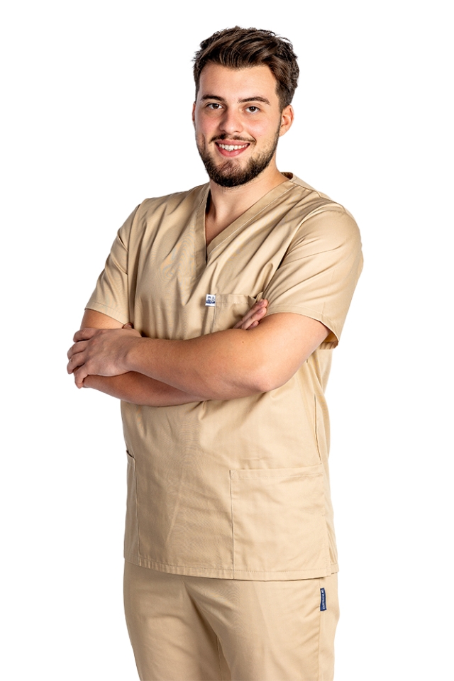 Halat de lucru crem barbati cu anchior in V si trei buzunare aplicate..