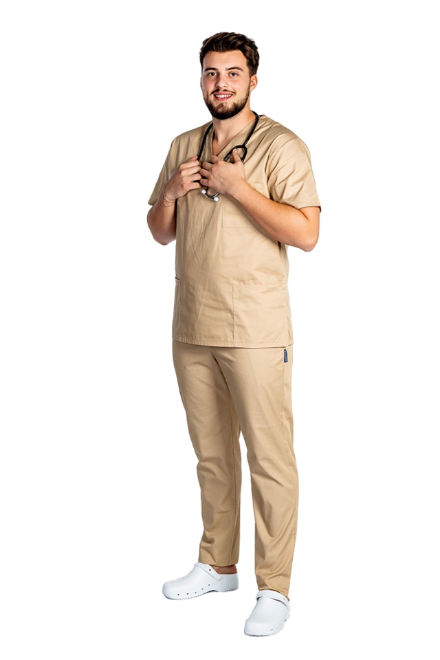 Halat de lucru crem barbati cu anchior in V si trei buzunare aplicate