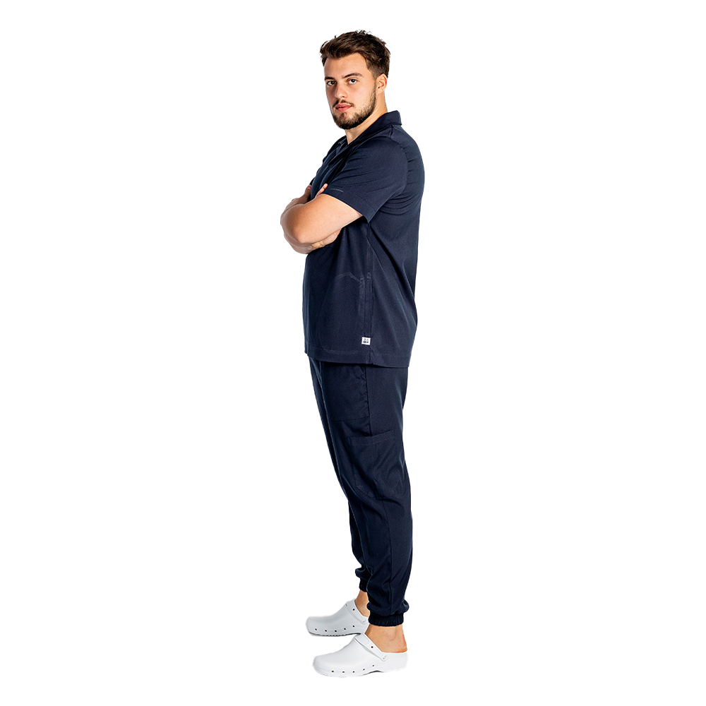 Costum de lucru cu elastan polo barbati bleumarin, cu bluza in V si pantaloni tip jogger, cu snur si elastic