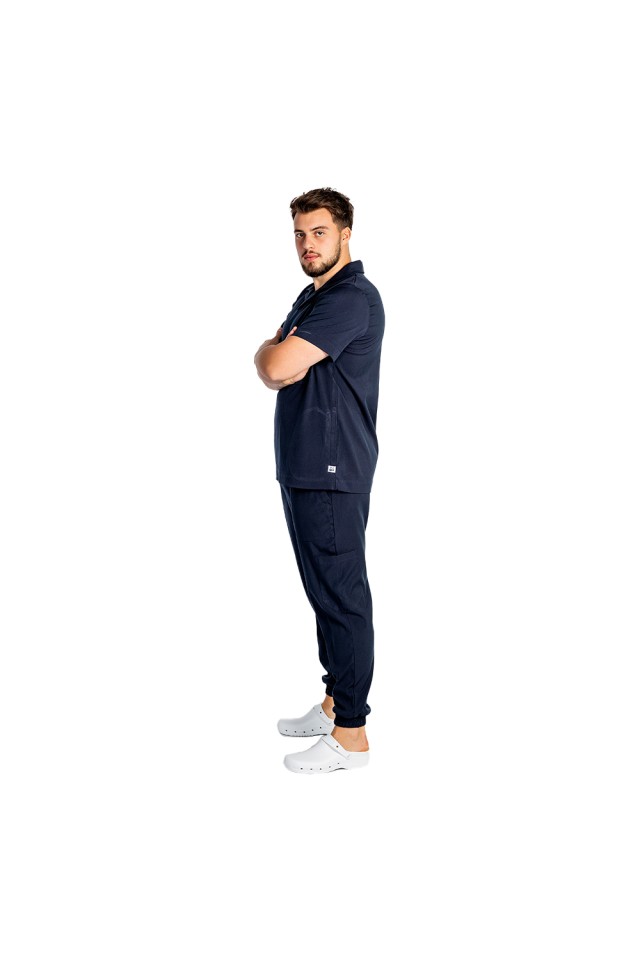 Costum de lucru cu elastan polo barbati bleumarin, cu bluza in V si pantaloni tip jogger, cu snur si elastic