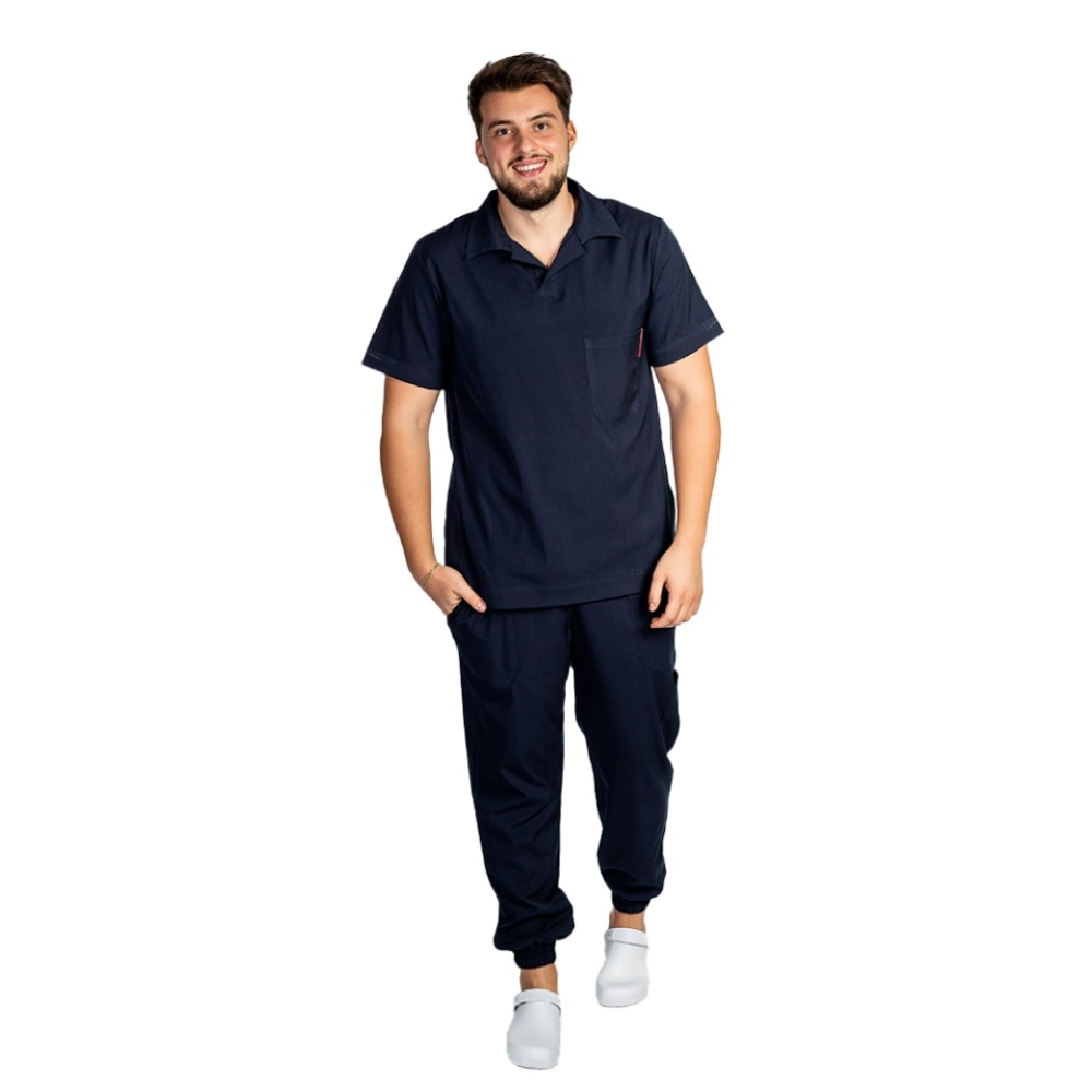 Costum de lucru cu elastan polo barbati bleumarin, cu bluza in V si pantaloni tip jogger, cu snur si elastic