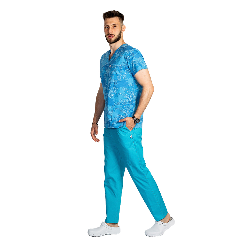 Halat de lucru pentru gradinite imprimat Blue Army, model barbati, cu trei buzunare aplicate